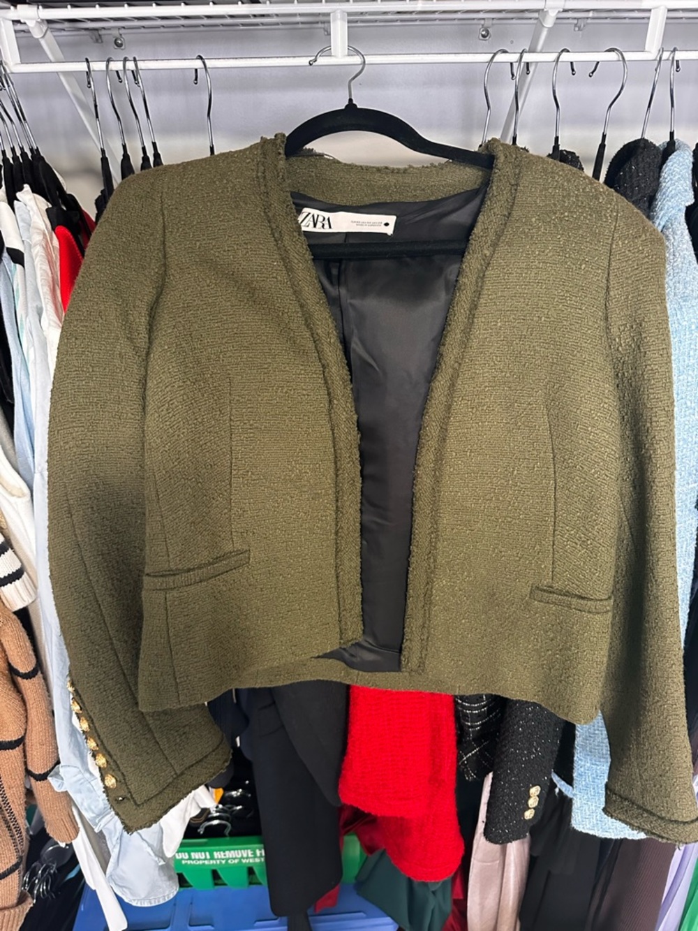 Zara Olive Green Cropped Bouclé Blazer NWOT